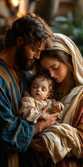 The painting depicts Mary, Joseph and the baby Jesus in a peaceful and holy scene, with Mary cradling Jesus in her arms and Joseph standing protectively by their side.AI generative.