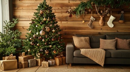 Festive Christmas tree adorned with natural earthy tones and rustic decorations against a wooden wall creating a warm atmosphere in a cozy living space