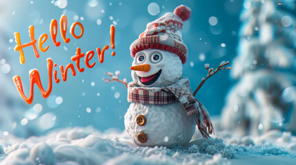 Smiling snowman with plaid scarf and colorful hat saying Hello Winter
