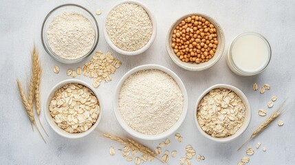 Top view of oat ingredients including dry flakes flour whole grains and a non dairy milk alternative Represents healthy organic and vegetarian food options