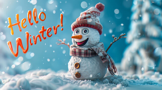 Smiling snowman with plaid scarf and colorful hat saying Hello Winter