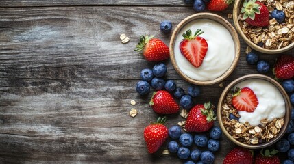 A wholesome breakfast showcasing granola yogurt blueberries and strawberries set against a rustic wooden backdrop ideal for use in a copy space image