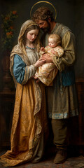 The painting depicts Mary, Joseph and the baby Jesus in a peaceful and holy scene, with Mary cradling Jesus in her arms and Joseph standing protectively by their side.AI generative. © Dar1930