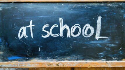 Chalkboard displaying the phrase at school written on its surface