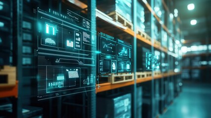 Warehouse management logistic technology concept. Smart warehouse technology management. Smart shelves with integrated sensors tracking inventory.