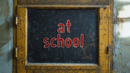 Chalkboard displaying the phrase at school written on its surface