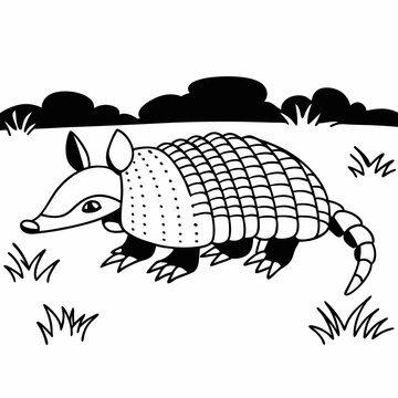 black and white armadillo in grassy field clip art preview