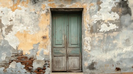 A quaint door set within a weathered peeling wall