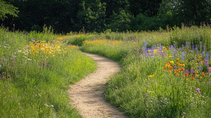 Obraz premium Winding dirt trail vanishing into a vibrant summer meadow adorned with a variety of colorful wildflowers