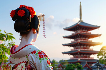 Fototapeta premium maiko in full traditional attire against ancient temple background