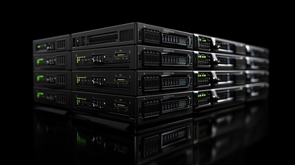 Multiple server racks with blinking green lights are reflecting on a black surface, creating a technological and futuristic atmosphere