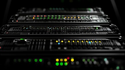 Server racks with blinking led lights are operating in a dark data center, showcasing modern technology and information processing