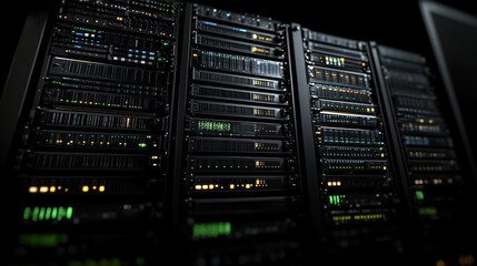Dimly lit data center room with blinking lights of server racks storing and processing data, showcasing technology's vital role in our interconnected world. Server, network, cloud computing