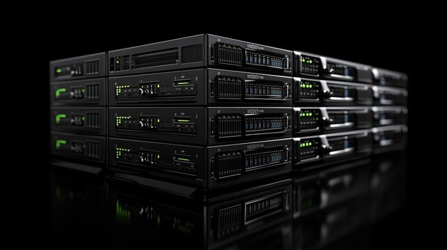 Multiple server racks with blinking green lights are reflecting on a black surface, creating a technological and futuristic atmosphere - Powered by Adobe