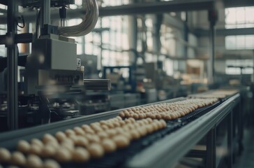Naklejka premium Freshly baked cookies are moving along a conveyor belt in a modern food processing plant, representing the efficiency and automation of industrial food production