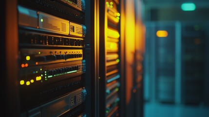 Glowing server racks in a dark data center room create a futuristic atmosphere, emphasizing cutting edge technology and innovation