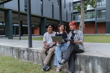 Three young students are sitting outside on campus, working together on a project using a laptop and tablets, enjoying the fresh air and collaborative learning environment