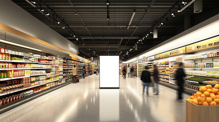Blank Billboard in Modern Grocery Store Interior with Shoppers