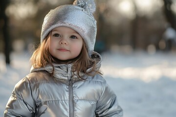 A Young Girl in a Silver Winter Outfit Gazing into the Distance