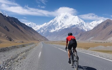 Obraz premium Cyclist on a mountain road, with dramatic views of peaks and valleys under a bright sky