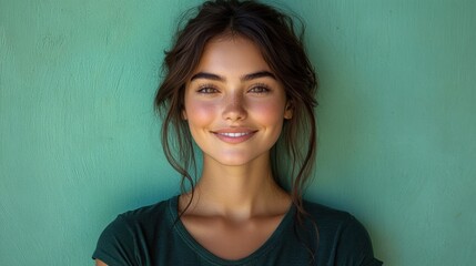 Smiling woman posing against a soft green wall, casual and relaxed expression, natural beauty, outdoor lighting, minimalistic style, modern portrait, serene and calm atmosphere, peaceful vibes