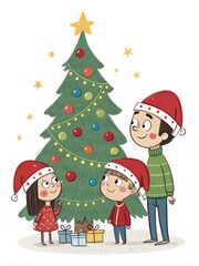 Father and two kids in red hats by decorated christmas tree