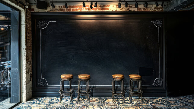 A cozy interior featuring wooden stools in front of a chalkboard wall, blending rustic charm with a modern aesthetic.
