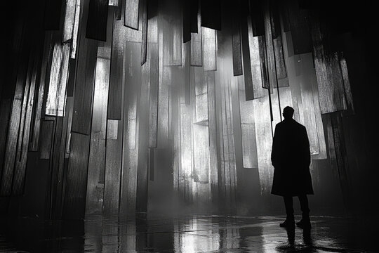 Mysterious silhouette against abstract vertical light panels in dark atmosphere