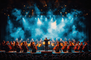 A symphony orchestra on stage . AI generative.