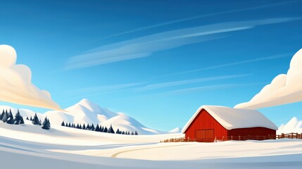 An idyllic winter landscape showing a red barn on a snow-covered field, with beautiful mountain scenery behind, highlighting rustic charm and natural beauty.
