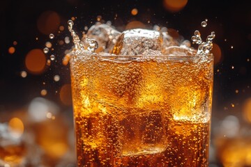 Glass of whiskey and ice close-up. Alcoholic drink, holiday, celebration, party