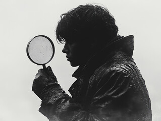 Silhouette detective examining with magnifying glass in moody lighting