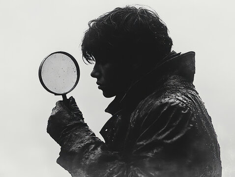 recommend clip art: Silhouette detective examining with magnifying glass in moody lighting