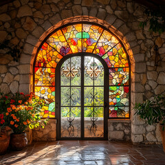 Fototapeta premium Vintage Arched Window with Wrought Iron Details Framed by Rustic Architecture in Soft Natural Light