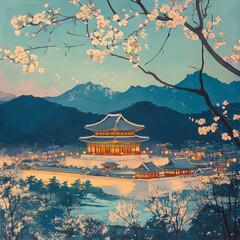 Obraz premium Vintage Illustration of Gyeongbokgung Palace at Dusk with Warm Hues and Serene Atmosphere