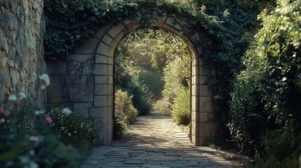 A beautiful stone archway leading into a lush garden path.