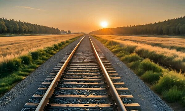 Railway tracks stretching through a field at sunset, creating a serene landscape. seamless looping time-lapse 4K video background
