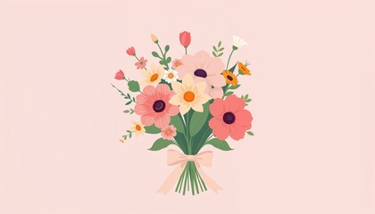 Minimalist illustration of colorful flower bouquet with ribbon