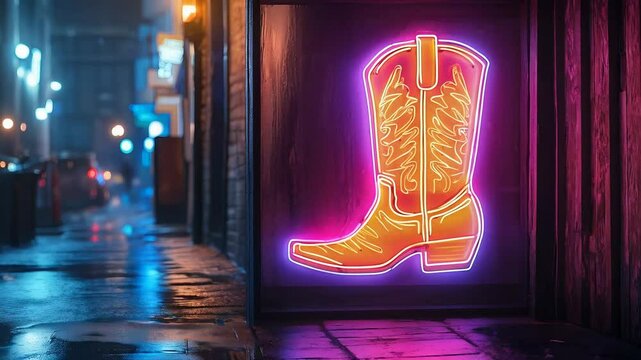 Neon cowboy boot sign on rainy street at night. Western style bar advertising