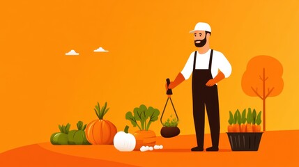 Stylized, cheerful farmer in a field, holding a tool with a bag attached, next to various vegetables like pumpkins and carrots