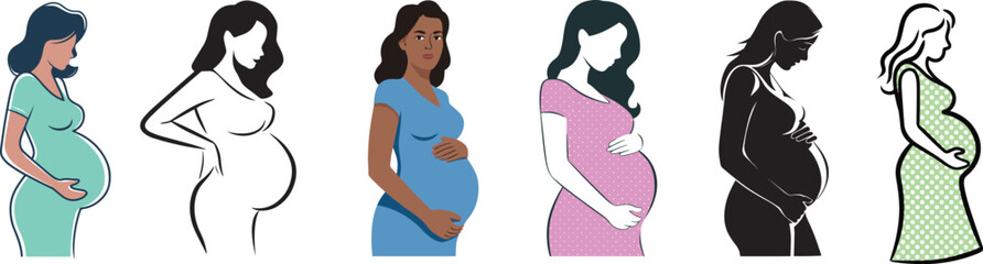 Pregnant woman, different types of women clutching their bellies, flat vector illustration.