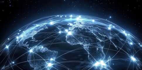 Connected World Map with Glowing Network Links, representing global communication and data connectivity.