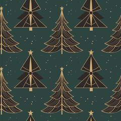 Winter Seamless pattern with Christmas trees in Art Deco style. Hand drawn festive geometric repeating background with New Year decor. Modern Xmas ornament for design, wrapping paper, textile, flyer