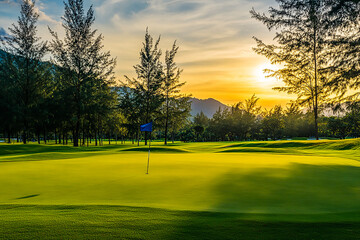 Obraz premium Scenic Golf Course Fairway with Flag at Golden Hour, Wide Shot with Beautiful Sky and Trees