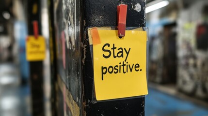 Stay Positive message on yellow note, urban street background, motivational words in busy setting, positive mindset, street sign, encouragement, uplifting reminder, mental well-being