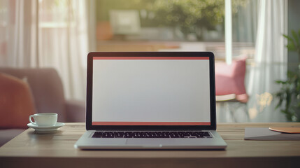 Fototapeta premium A minimalistic workspace featuring a laptop, a coffee cup, and a clean wooden desk, illuminated by soft natural light.