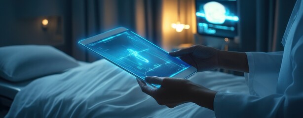 Medical professional reviewing patient data on a tablet in a hospital room, symbolizing healthcare technology.