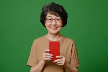 A cheerful mature woman holding a red smartphone, standing on a green background, representing connectivity and modern communication.