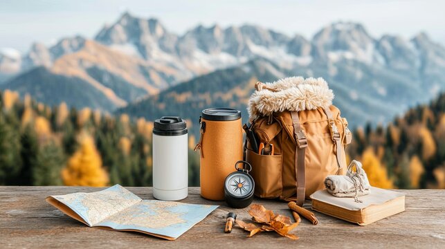 Hiking Gear Flat Lay with Map and Compass