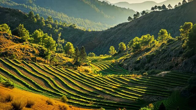 Terraced fields stretch down a hillside in a beautiful mountainous region